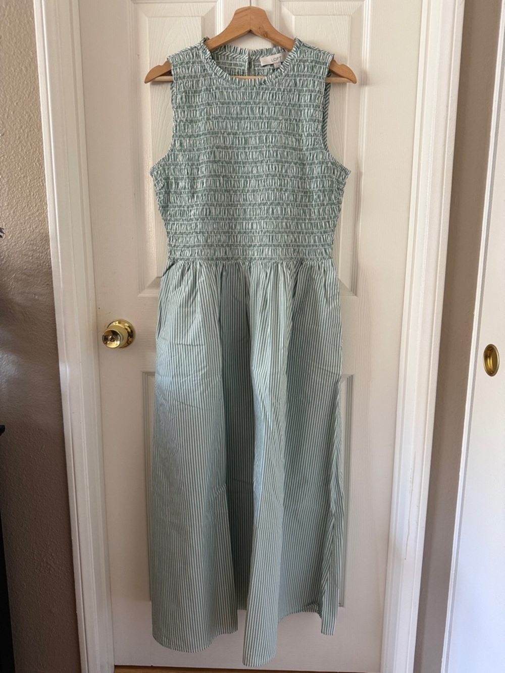 Smocked Sleeveless Maxi Dress in Sage Green Stripes